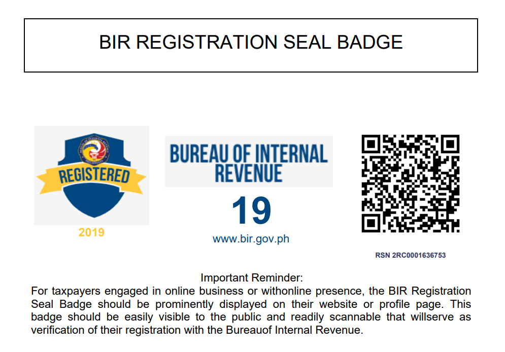 Official Knode BIR Registration Seal Badge with registration year 2019, RDO 19, and QR code for registration verification.